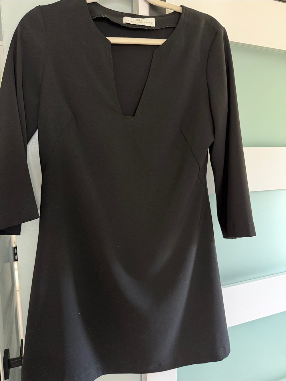 Amanda Uprichard Black Mini Shift Dress with Notch V-Neck